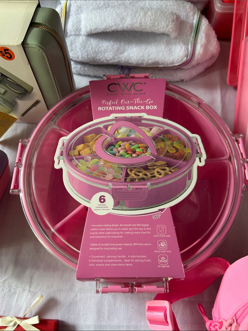 CWC Large Pink Rotating Snack Box 6 Compartment Lazy Susan New
